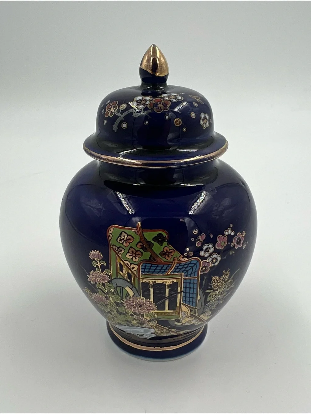 Vintage Sato Gordon Japan Kutani Cobalt Blue Ginger Jar Rickshaw & Flowers 4.5”